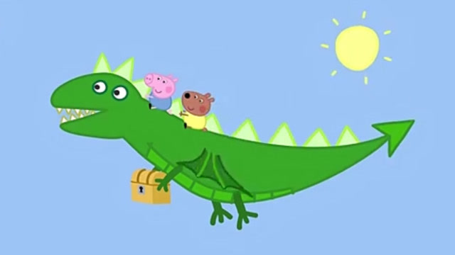 恐龙先生载着乔治和小熊回森林,真是一只善良友好的恐龙!