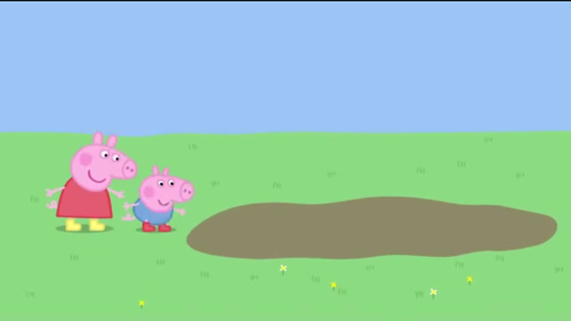 乔治想第一个跳到泥坑里玩,小猪佩奇先跳进去检查安不安全 简笔画