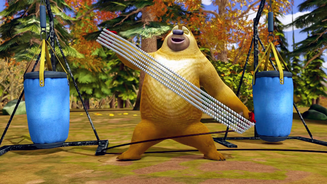 大力士熊二来也,光头强耍小聪明忽悠动物健身,结果家里爆炸了