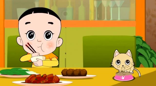 大头儿子和小猫咪吃饭真香,小头爸爸和围裙妈妈在一旁哈哈大笑