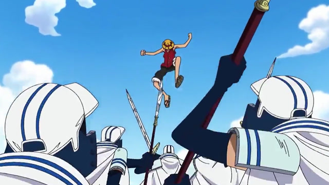 路飞越过海军的围堵,直接从门上面进入主岛