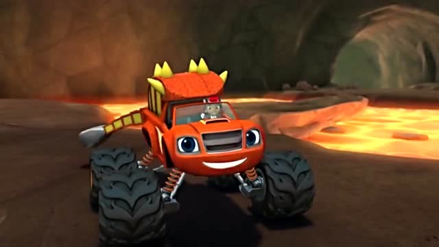 旋风战车队:飙速变身大尾巴怪兽赛车,撞倒岩石越过了岩浆河