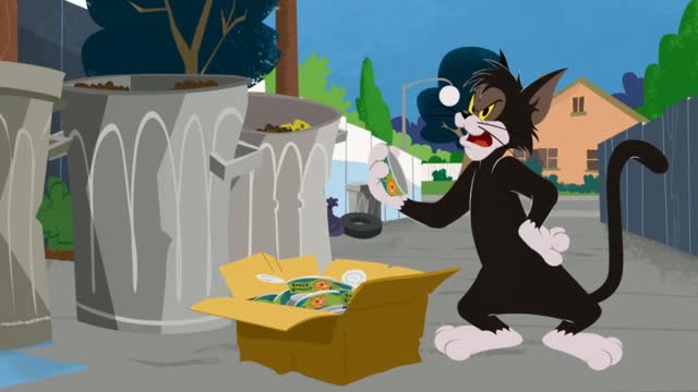 《新猫和老鼠》黑猫翻垃圾桶找吃的,发现猫和老鼠在一旁吃东西!