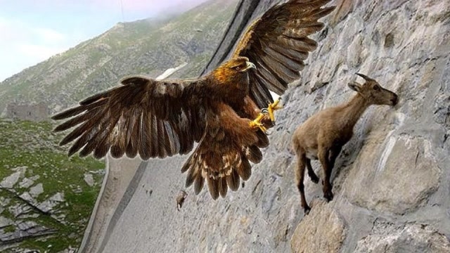 老鹰抓起山羊,不料濒死的山羊使出"绝招",镜头拍到老鹰的惨状