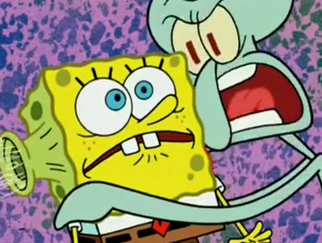 章鱼哥被海绵宝宝给缠上了,怎么都赶不走,章鱼哥快疯了