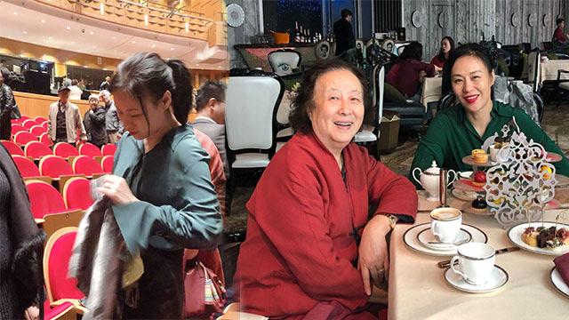 邬君梅带母亲出游,穿墨绿色衬衣扎马尾辫优雅减龄,哪像53岁的人