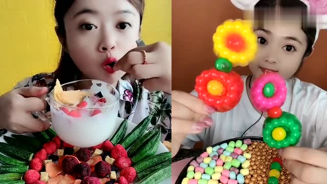 美女直播吃酸奶果蔬脆,花朵果冻串,一口超过瘾,是我向往的生活