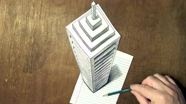 教你如何在纸上画出立体高楼大厦