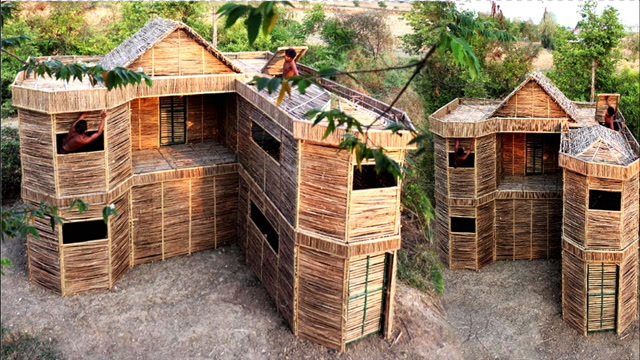哥俩学艺归来,在丛林中搭建7字形竹屋别墅,历经60天终于完工了