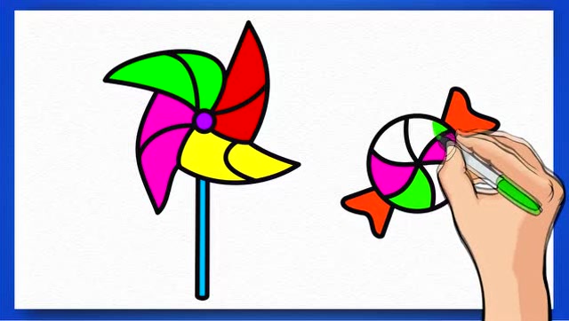 亲子绘画色彩早教 手绘旋转大风车和糖果着色学习英语认识颜色