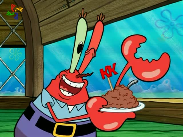 海绵宝宝:蟹老板看着手中的好吃的,非常的开心