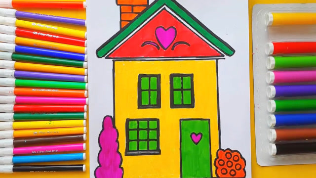 爱心双层小洋楼简笔画涂色教程