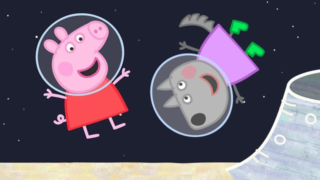 小猪佩奇和朋友小狼一起漫步月球