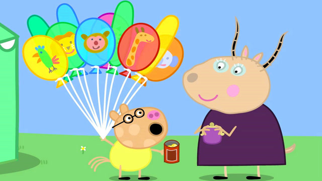 小猪佩奇参加游乐场的义工,小马佩德罗负责在游乐场里卖动物气球