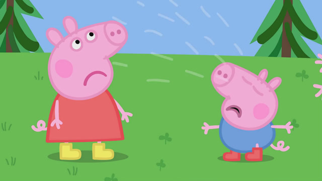 没看到彩虹的乔治哇哇大哭了起来,一旁的佩奇噘着嘴表示很无奈