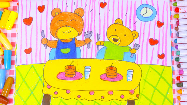 儿童画场景故事 熊爸爸带着小熊吃早餐