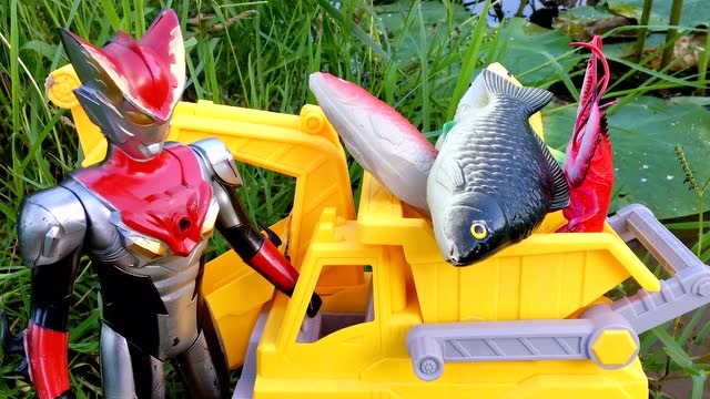 奥特曼在河边抓到了好多鱼!高兴的满载而归