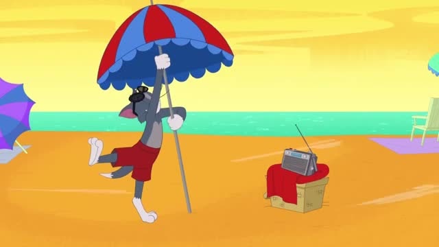 猫和老鼠:汤姆在沙滩边插起了太阳伞,居然被风刮到了天上