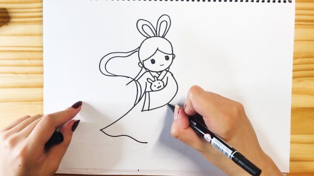 中秋节学画抱着玉兔的嫦娥姐姐