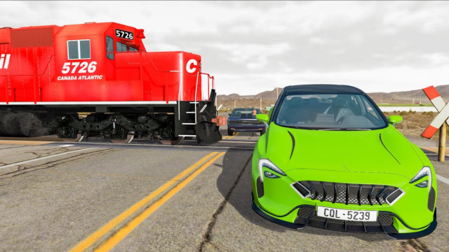 beamng:汽车开足马力尝试穿过繁忙的火车铁轨,撞车画面够酸爽