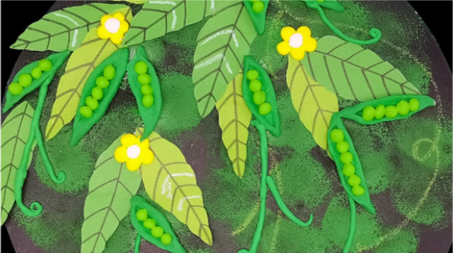 儿童创意画,藤上的豌豆,学习运用剪贴和黏土对豌豆夹形态的创作