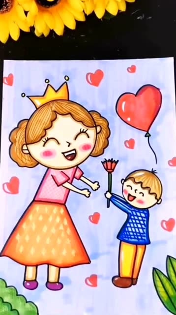 两个圆画我和妈妈母亲节绘画图