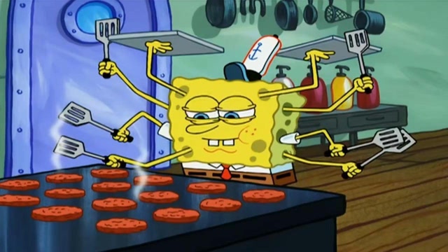 海绵宝宝为了饥饿的客人,化身三头六臂做汉堡!