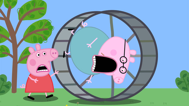 小猪佩奇和猪爸爸玩滚动器