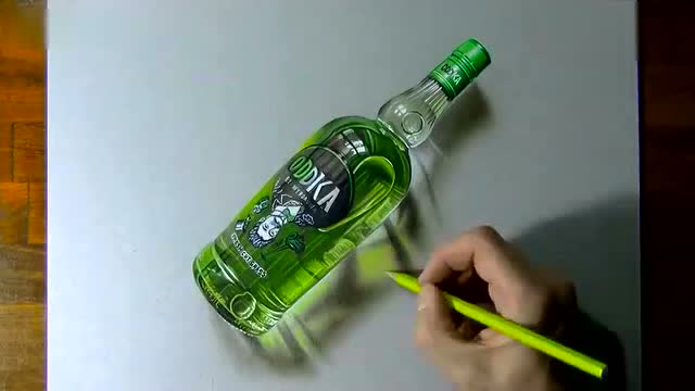 牛人手绘一瓶伏特加酒 挂在墙上都怕掉下来!