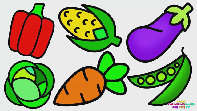 幼儿色彩启蒙:画菜椒,玉米,茄子,胡萝卜,豌豆角并涂色