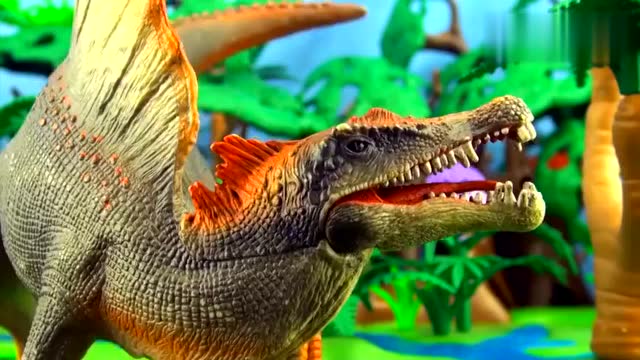 侏罗纪世界棘龙一家子在河边吃鱼