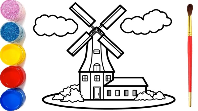 荷兰风车风景简笔画图片