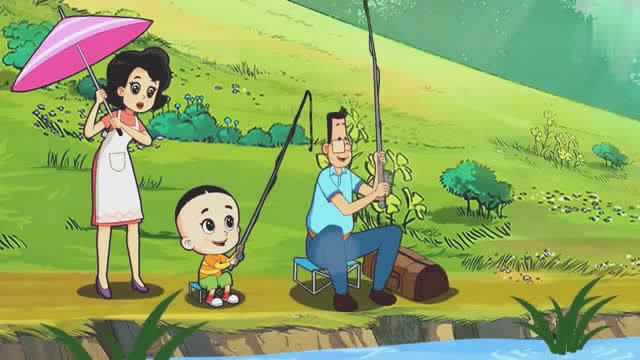 大头儿子钓鱼的时候太不专心了,一会唱歌一会抓蜻蜓,爸爸无奈了
