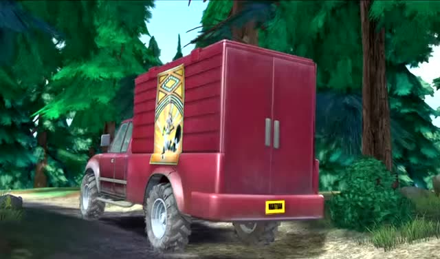 光头强把大狗熊关进笼子,他很开心去砍树了