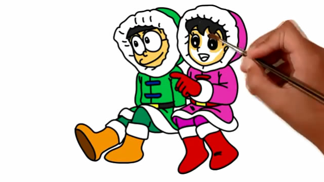 儿童简笔画:机器猫静香大雄下雪天