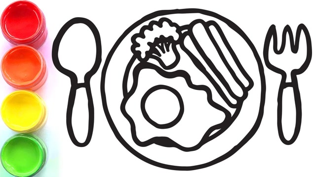 趣味简笔画画盘子里放着荷包蛋西蓝花