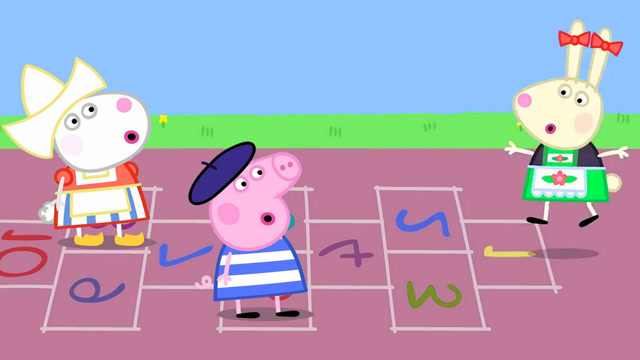 手绘简笔画:小猪佩奇和苏西瑞贝卡在操场玩跳房子的游戏