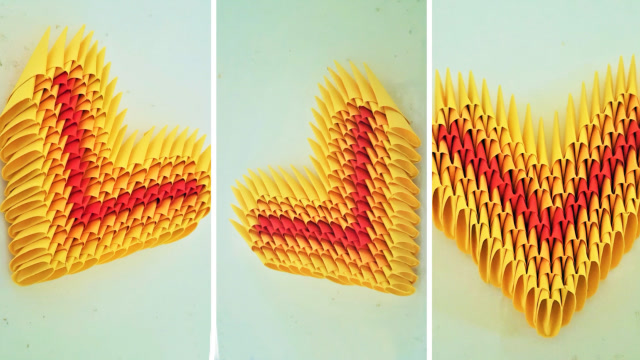 手工折纸diy教程,用三角插制作一个立体爱心