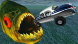 汽车加足马力能冲过食人鱼大军吗？3D动画模拟，场面超刺激！