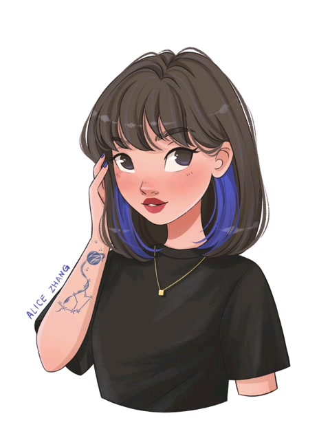 ipad人物插画绘画过程-甜酷蓝色挂耳染齐肩发少女