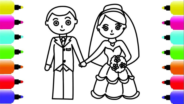 儿童简笔涂色画:爸爸妈妈结婚了,涂颜色右脑开发
