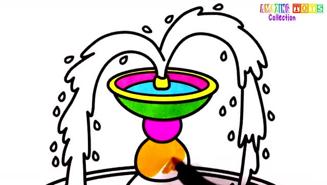 益智绘画早教,教小朋友画喷泉涂上漂亮颜色学英文