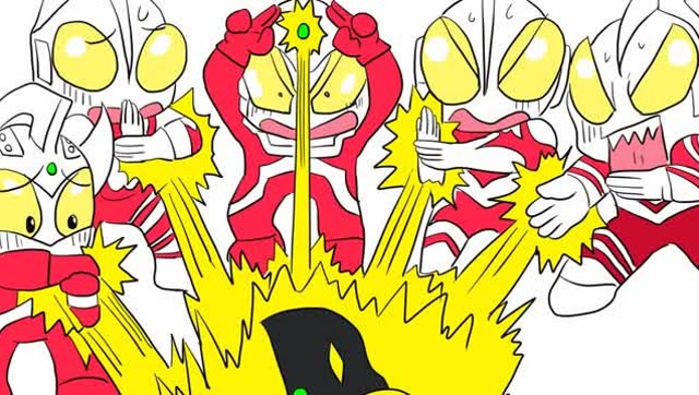 五个奥特曼联合发必杀技光线儿童卡通简笔画