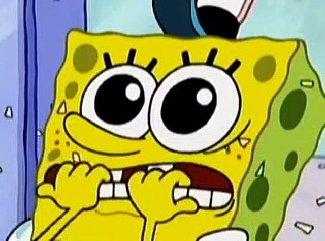 章鱼哥讲恐怖故事,海绵宝宝害怕的咬手,吃了一遍又一遍!