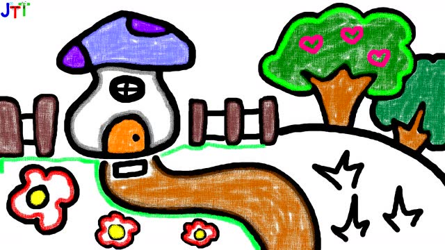 儿童彩绘学习课程 绘画蘑菇小屋院子填充颜色快来一起画画吧!