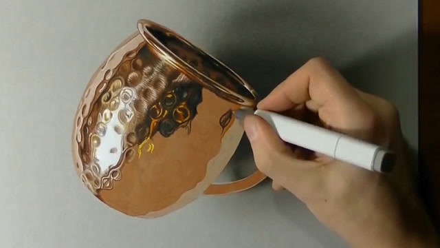 手绘达人画的铜壶,逼真得真想伸手去摸!