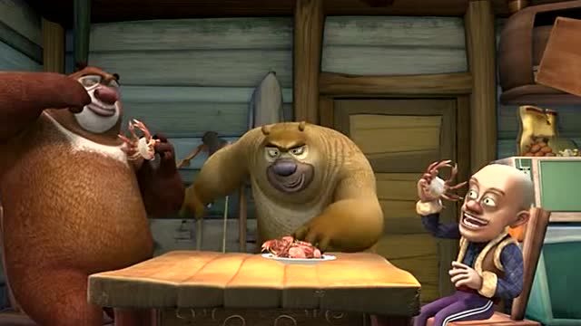 熊出没:光头强抓到螃蟹了,邀请熊大熊二来自己家里吃螃蟹.