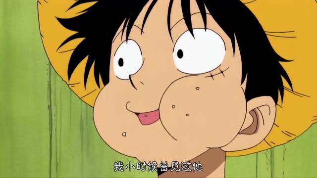 路飞边吃着大鸡腿边跟乌索普讲他爸爸的事情,说跟他长得一模一样