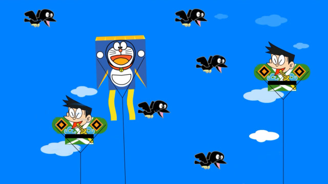 哆啦a梦之放风筝,帮助哆啦a梦躲避空中的小鸟将风筝放到终点