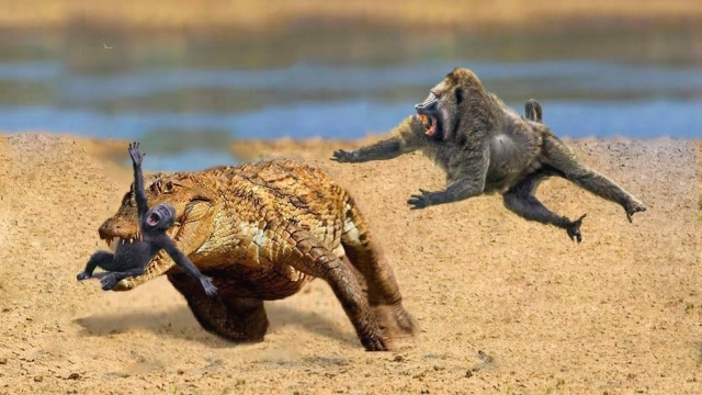 鳄鱼捕食小狒狒,愤怒的狒狒爸爸疯狂撕咬鳄鱼,镜头记录全过程